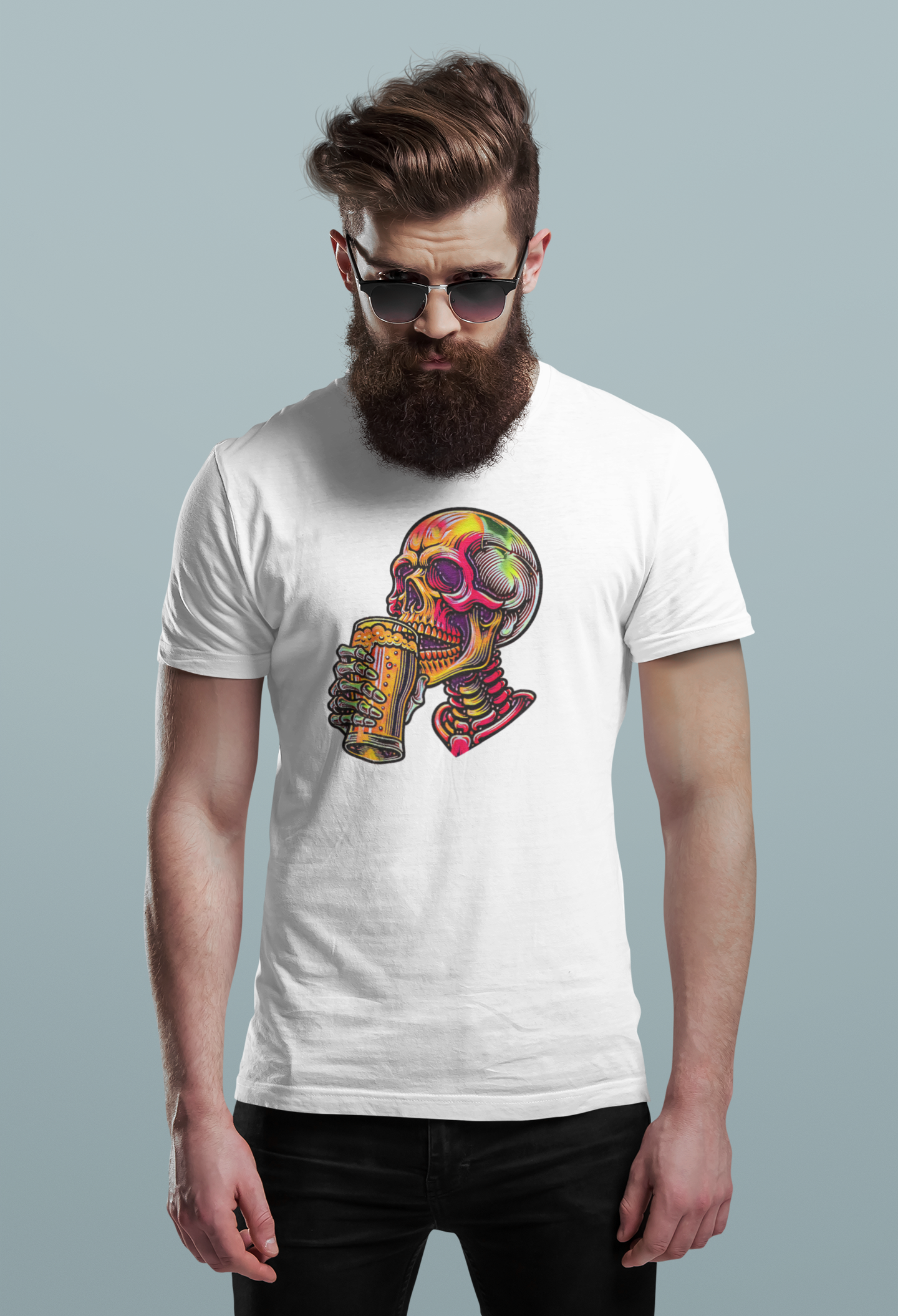 Beer Drinking Neon Skull Graphic Tee